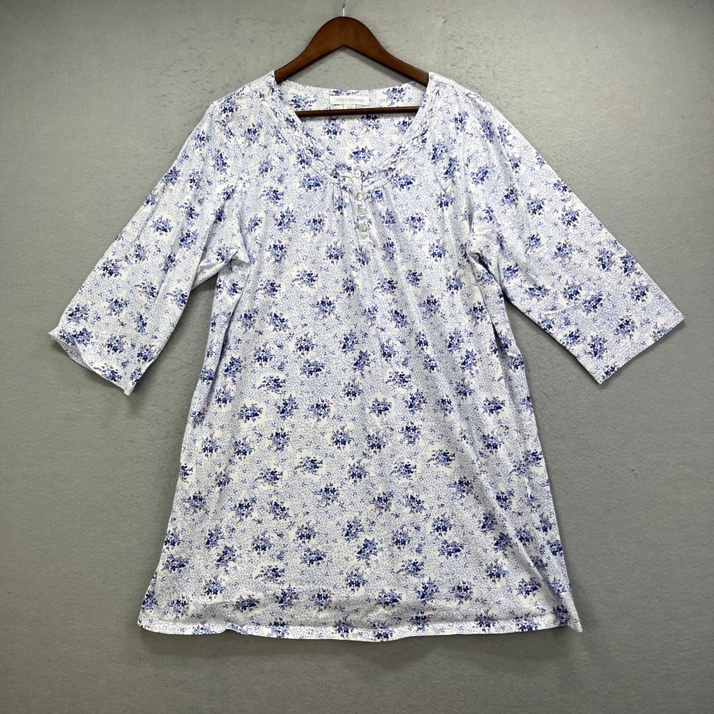 Carole Hochman Nightgown Womens XL Blue Floral Henley 3/4 Sleeve Sleepwear PJs